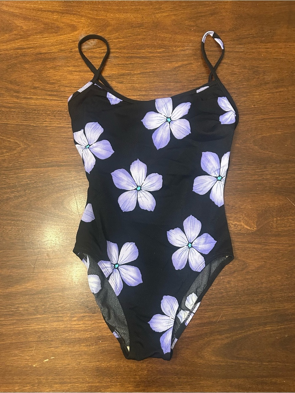 Vintage Jones New York Black One-Piece Swimsuit with Lavender Floral Pattern